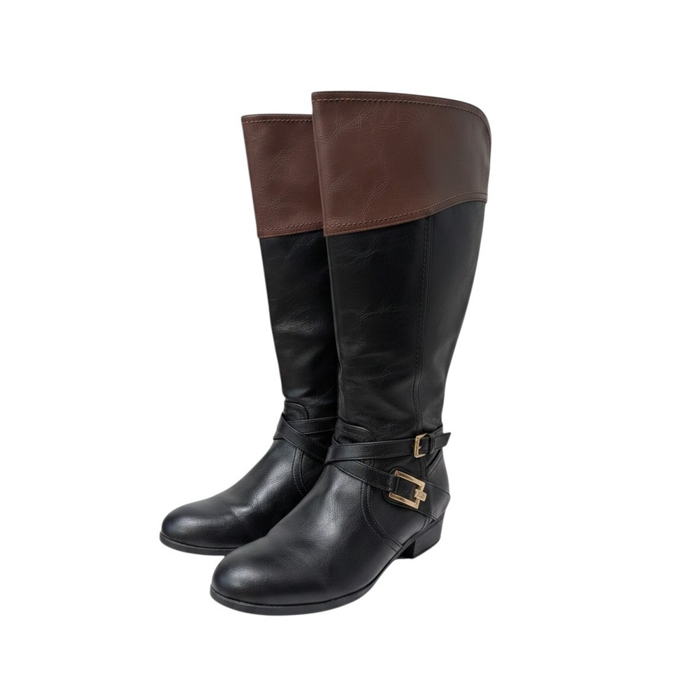 NIB Claiborne Trevi Riding Boots Black Tan Wide Calf Wide Width - 9.5 W
